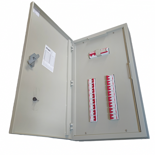 Himel 125A main circuit breaker panel with multiple breakers inside a metal enclosure