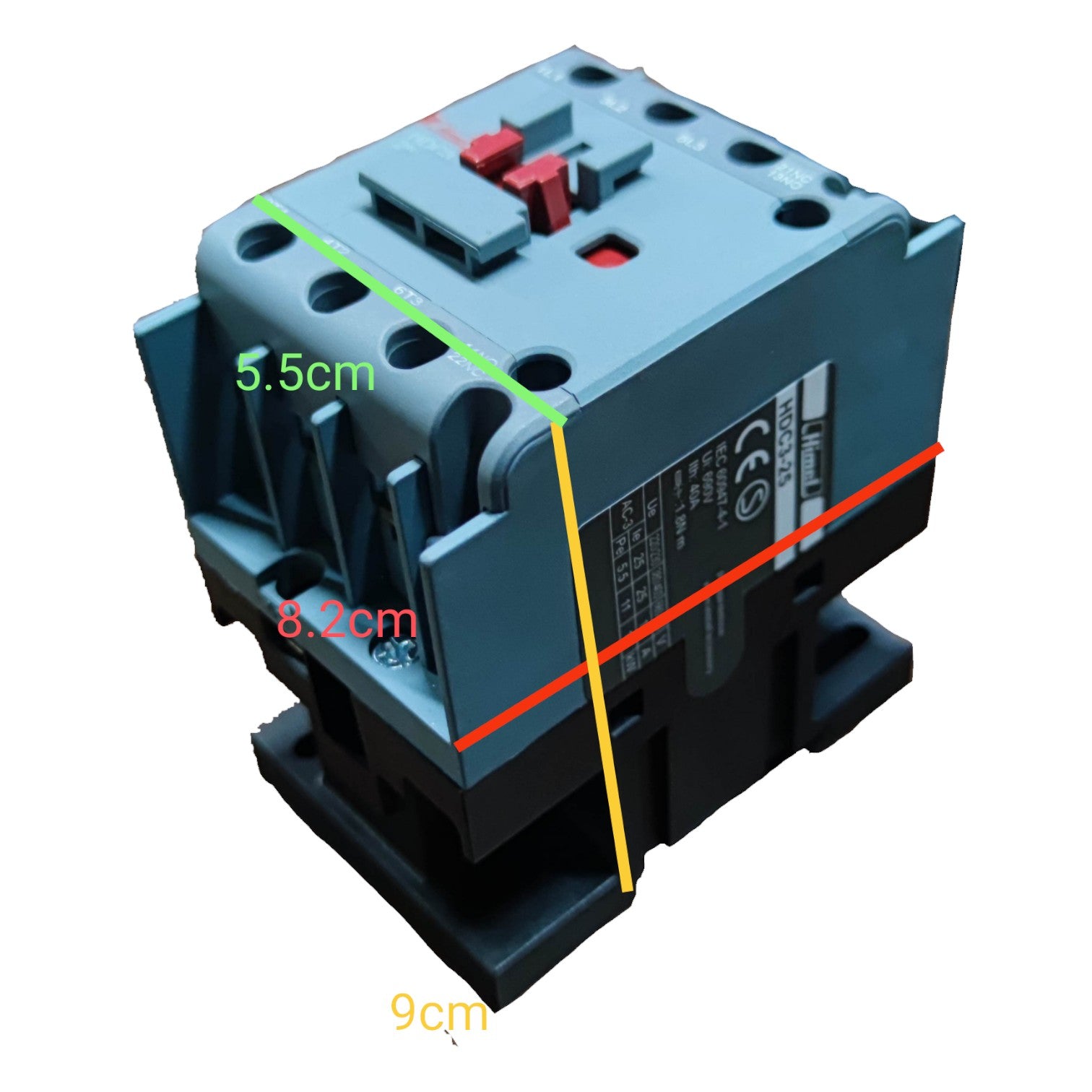 Electrical contactor with dimensions labeled on a white background