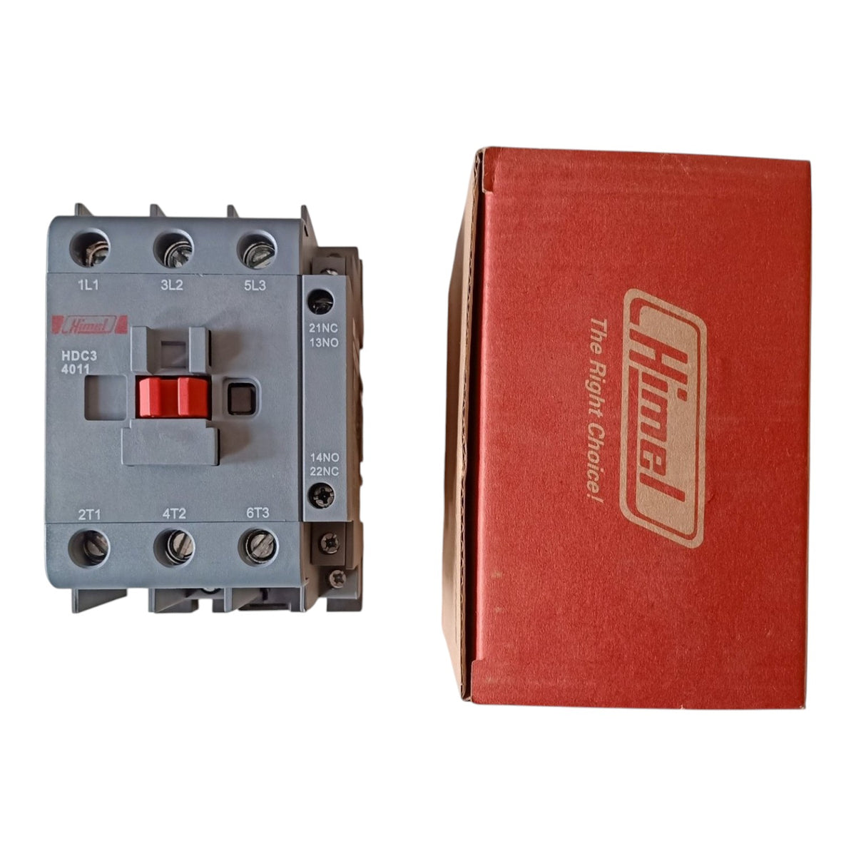 A gray HMC Electrical contactor next to its red cardboard packaging box, photographed on a clean white background.