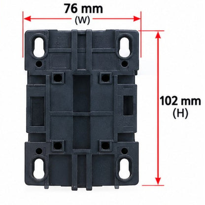 A black plastic electrical terminal block or connector housing shown on a white background with red dimension arrows and text indicating 76 mm width and 102 mm height.