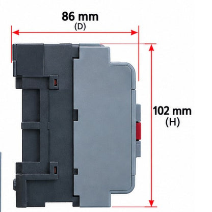 A side-view dimension diagram of a gray and black electronic component, showing measurements of 86 mm (D) and 102 mm (H) with red arrows on a white background.