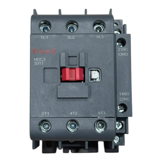 A Schneider Electric HDC3 5011 contactor, a black electrical component with a red central switch and silver screw terminals, shown on a plain white background.