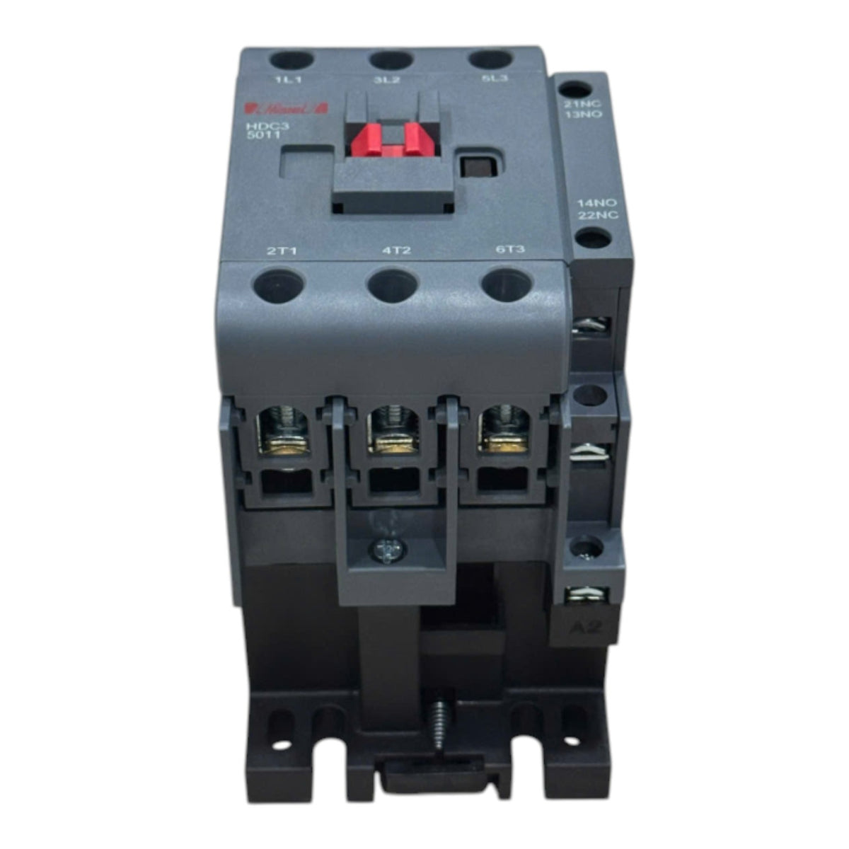 A black electrical contactor with a red central handle and gold-colored terminal screws, shown on a plain white background.