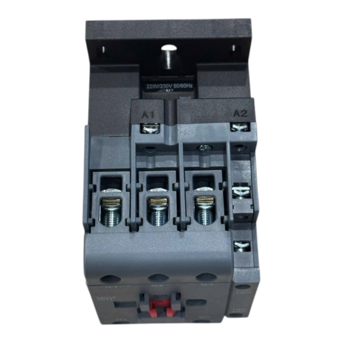 A three-phase electrical contactor with a dark gray plastic housing, featuring terminal screws labeled A1, A2, and L1, with a red handle on the lower terminal block, shown against a plain white background.