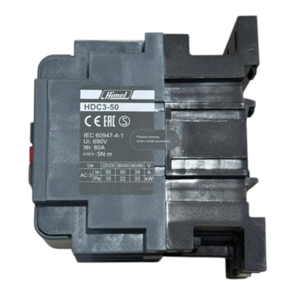 A black plastic electrical contactor module with a white printed label showing the brand 'Himel' and model 'HDC3-50'.