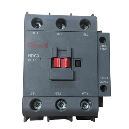 A dark gray Schneider Electric HDC3 8011 thermal overload relay with a red central switch and white terminal markings, shown on a plain white background.
