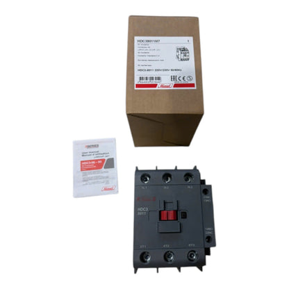 A Schneider Electric HHC3 B011 contactor shown with its brown cardboard packaging box, a small instruction card, and a red switch handle on a white background.