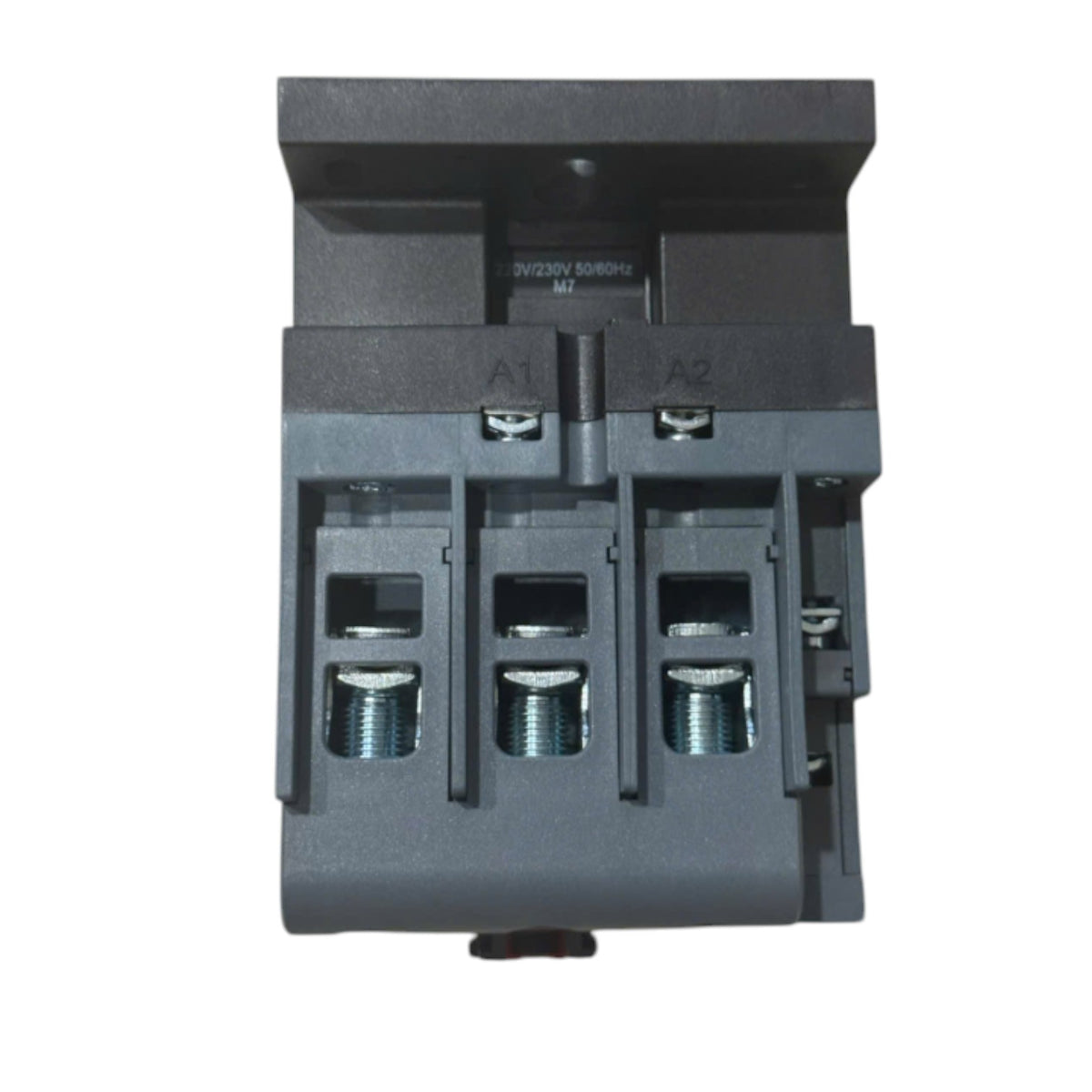 A dark gray industrial electrical contactor or relay component with three terminal blocks and silver screw terminals, shown against a plain white background.