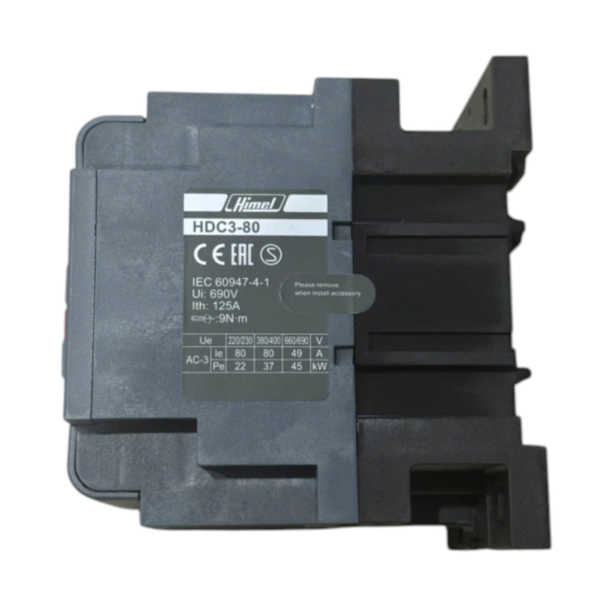 A Hima HDC3-80 industrial contactor relay module, featuring a dark gray plastic housing with a detailed specification label on the front face.