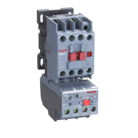 A Siemens HDC3 electric contactor with a lower auxiliary contact module, featuring a gray plastic housing with red switch elements and green terminal screws, isolated on a white background.