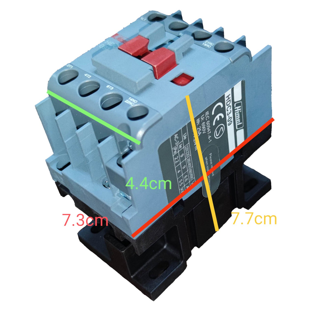 Electrical contactor with dimensions marked on a white background