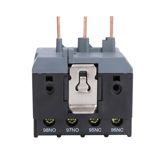 A compact electrical contactor or relay component with a dark gray and black housing, a silver central latch, three copper-colored terminal stems on top, and four green screw terminals labeled 98NO, 97NO, 95NC, and 96NC on the front.