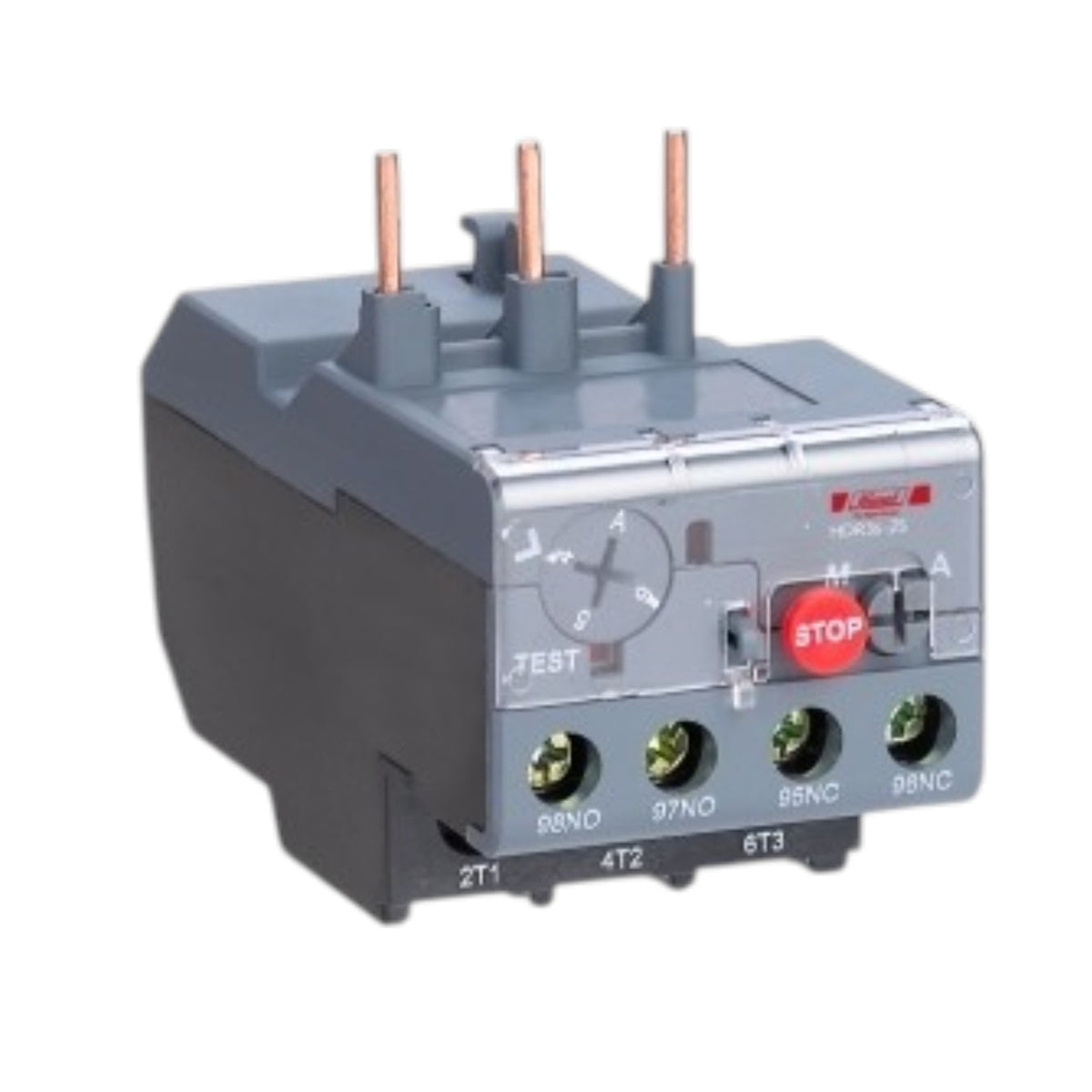 A gray electrical contactor or relay module with copper-colored terminal leads, a red STOP button, and green terminal connectors on a white background.
