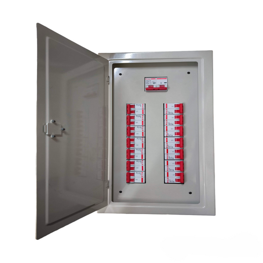 Himel panel board for miniature circuit breaker with multiple circuit breakers installed in a metal enclosure
