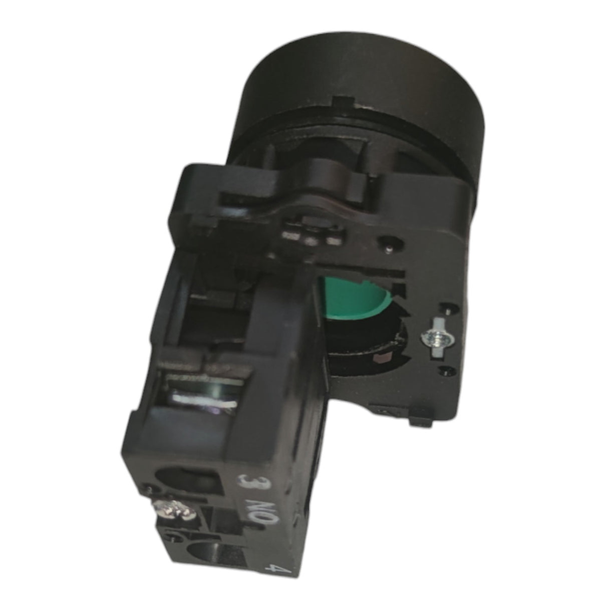 A black plastic electrical component, likely a terminal block or relay module, featuring a green circular internal element, shown on a plain white background.