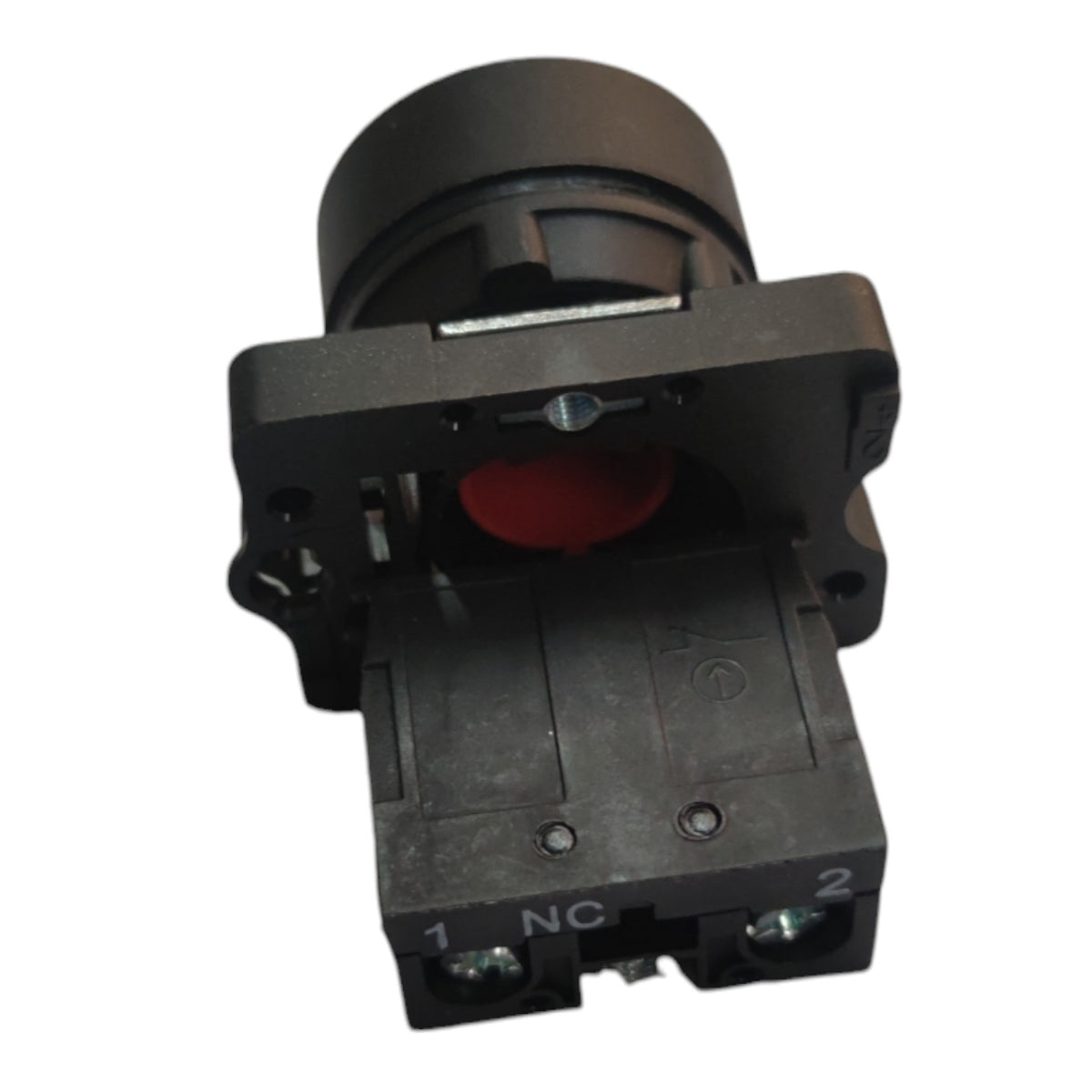 A black plastic electrical push-button switch with a red button cover and terminal markings '1 NC' and '2' on a white background.