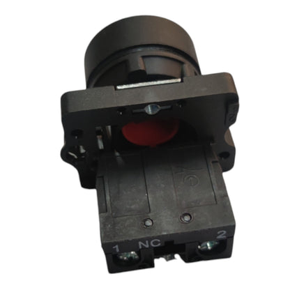 A black plastic electrical push-button switch with a red button cover and terminal markings '1 NC' and '2' on a white background.