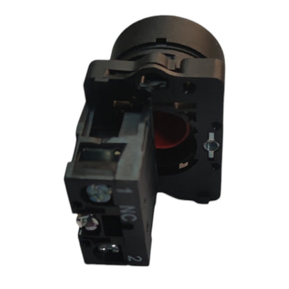 A black electrical terminal block connector with screw terminals and a red internal component, isolated on a white background.