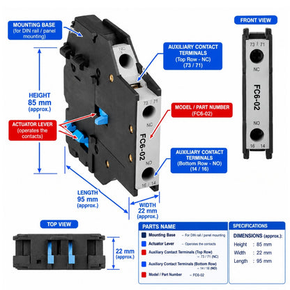 Technical product diagram of a contactor with mounting base, front view, top view, and dimension annotations. The contactor is black with silver side panels and blue actuator lever details.