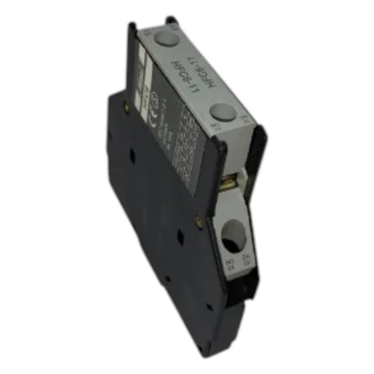 A black and silver electrical contactor or relay component with printed technical specifications, shown on a plain white background.