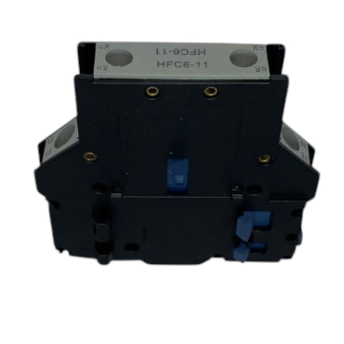 A black electrical contactor or relay component with a silver metal top plate printed with 'HFC6-11' and 'HFC6-11H', featuring blue terminal blocks and small brass screws, shown on a white background.