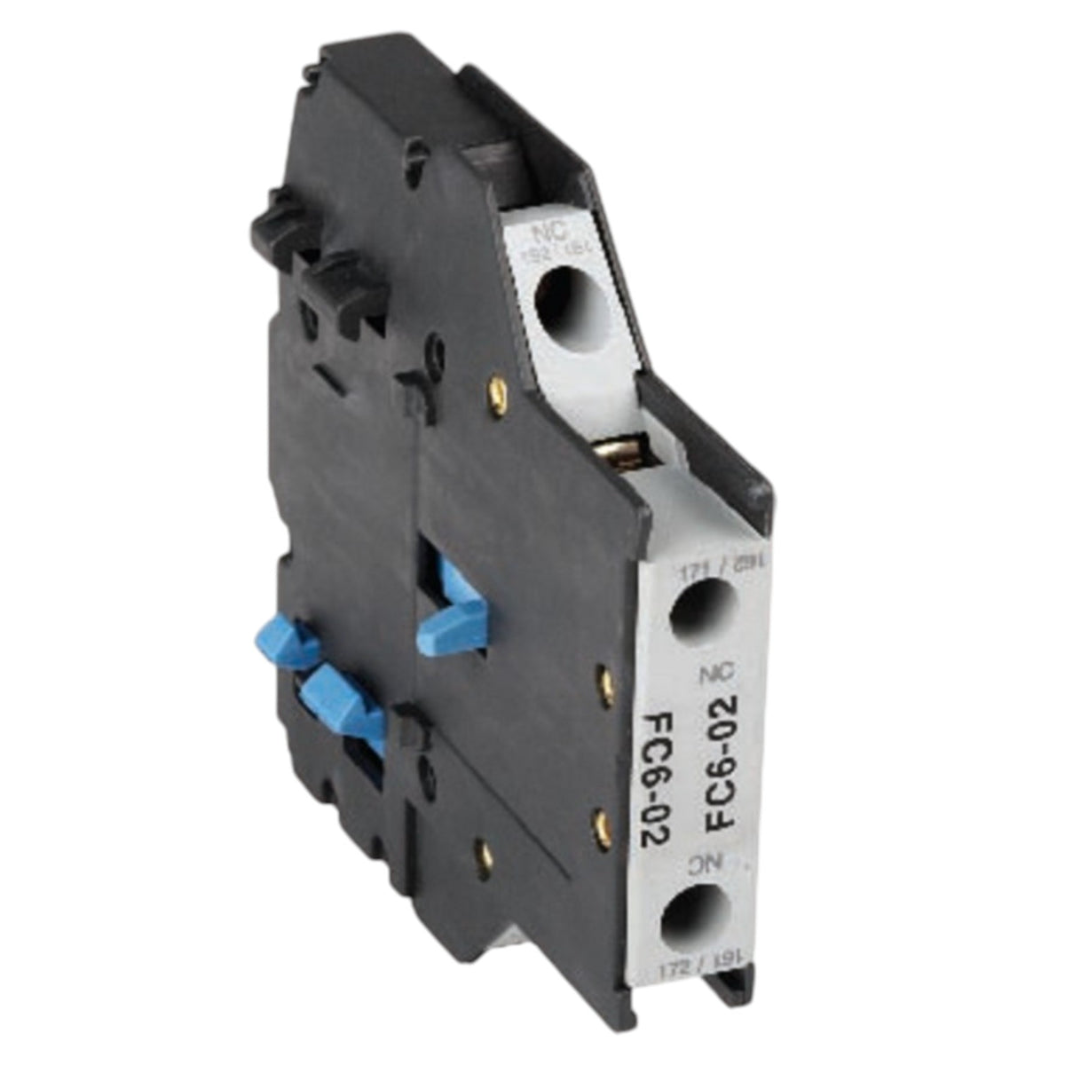 A black and silver electrical contactor with blue auxiliary contacts, shown on a plain white background.