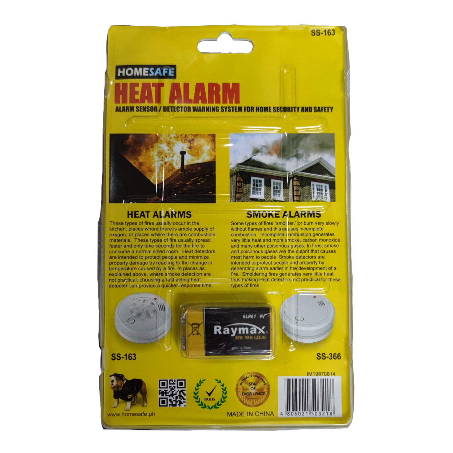 Home Safe Heat Detector 9V Battery Operated SS-163