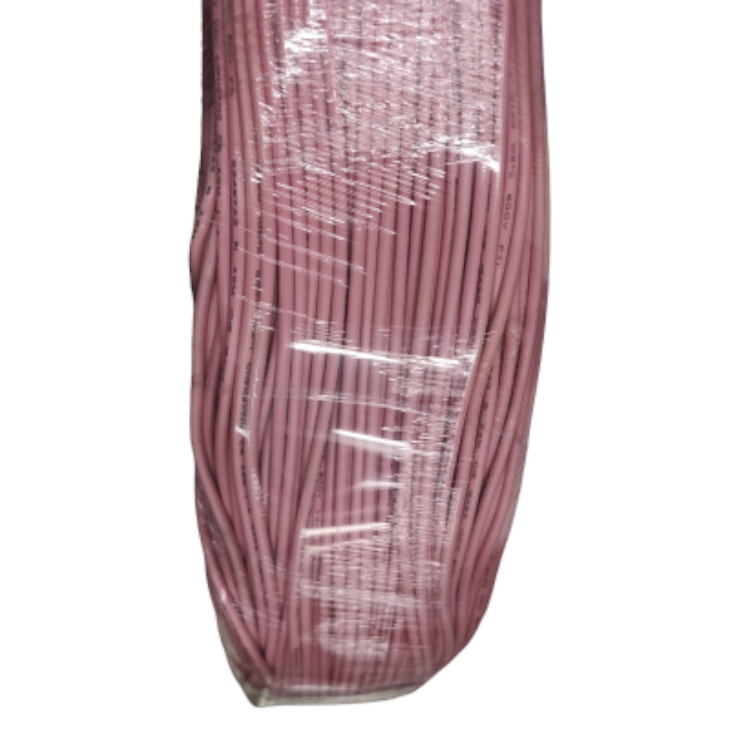 Close-up of pink thread spool with clear plastic wrapping on a white background