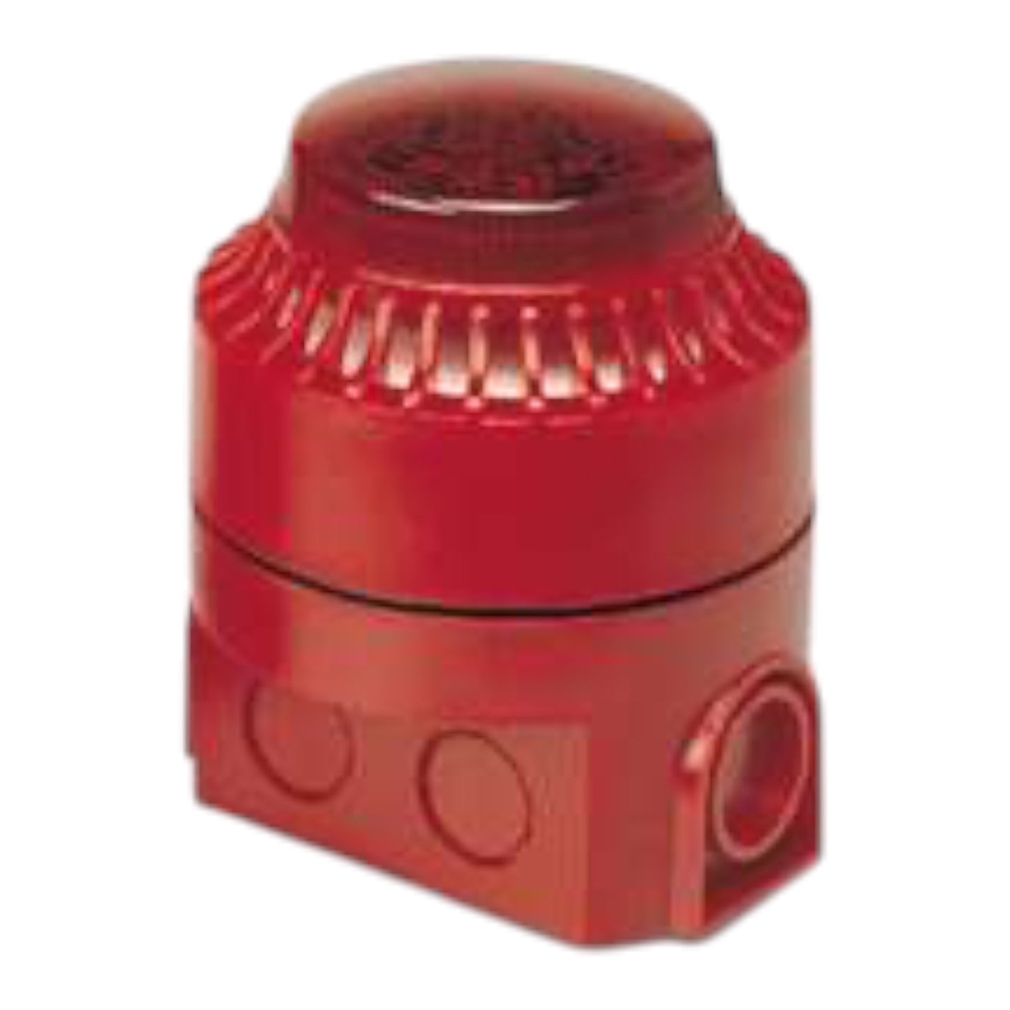 A red cylindrical alarm or signal device with a ribbed top section, a translucent red dome, and a mounting base with circular openings, shown on a plain white background.