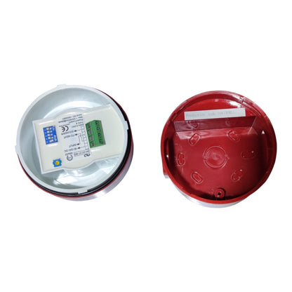 Two circular electrical junction boxes shown on a white background, one open to reveal a white terminal block with printed labels and the other closed in red plastic.