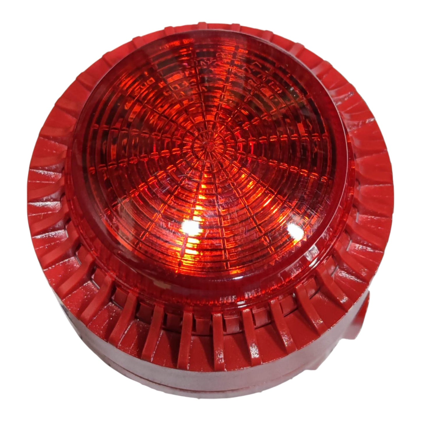 A circular red warning beacon light with a ribbed red housing and a textured red lens, shown on a plain white background.