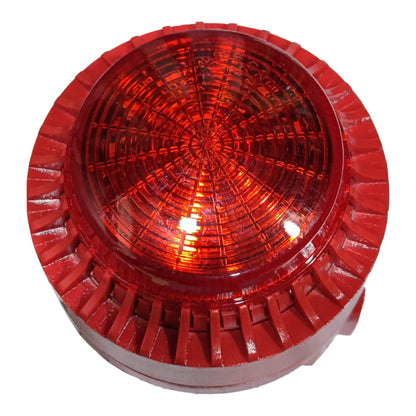A circular red warning beacon light with a ribbed red housing and a textured red lens, shown on a plain white background.