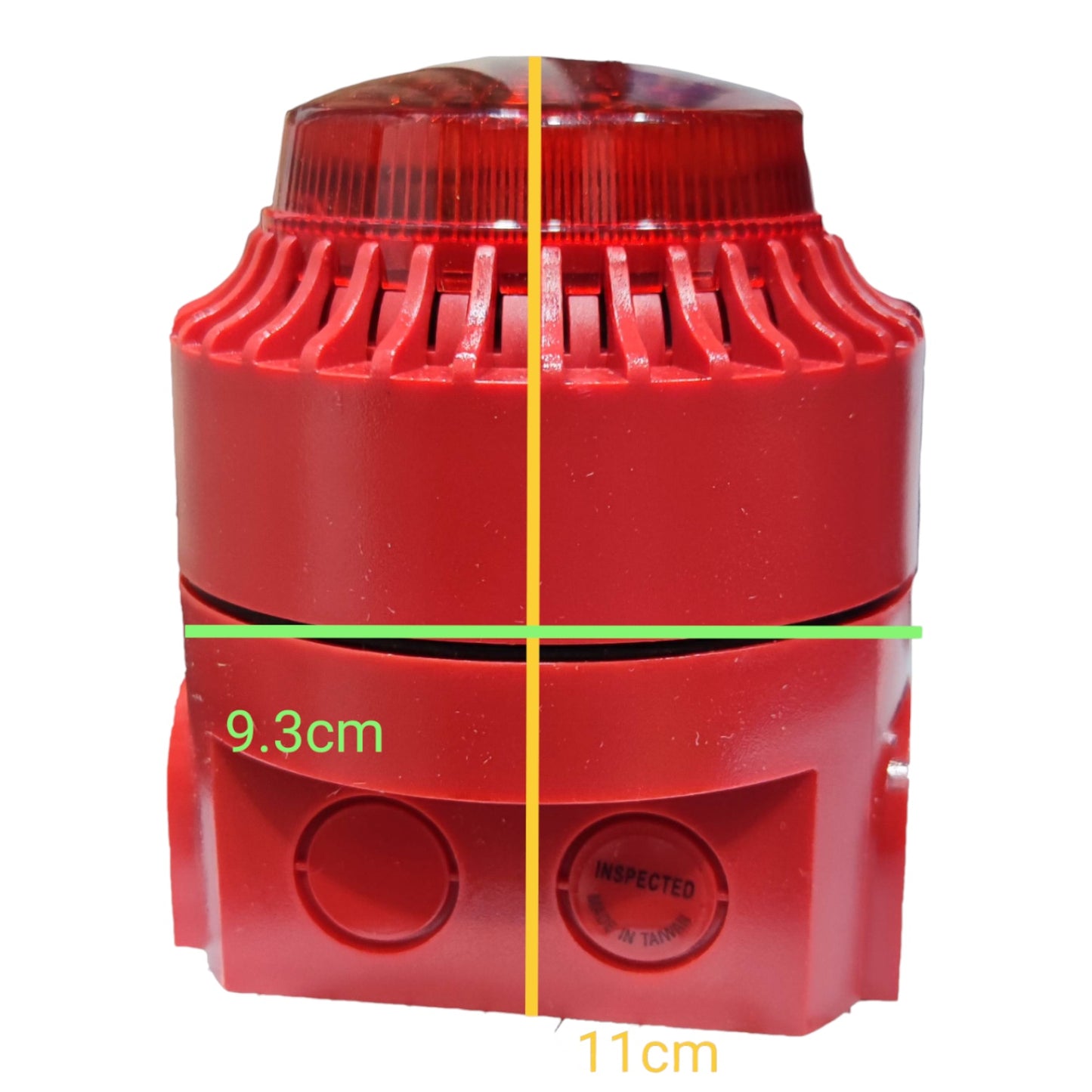 A red cylindrical alarm or beacon device on a white background with overlaid dimension lines showing 9.3 cm width, 11 cm height, and a vertical center divider.