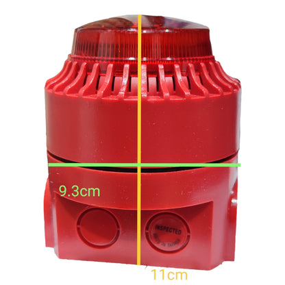 A red cylindrical alarm or beacon device on a white background with overlaid dimension lines showing 9.3 cm width, 11 cm height, and a vertical center divider.