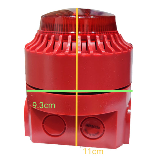 A red cylindrical alarm or beacon device on a white background with overlaid dimension lines showing 9.3 cm width, 11 cm height, and a vertical center divider.