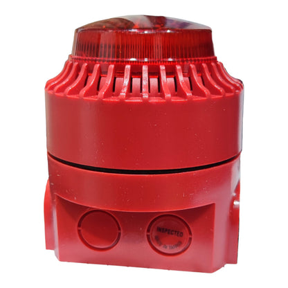 A red plastic fire alarm stroker with a translucent red dome beacon light on top, set against a plain white background.