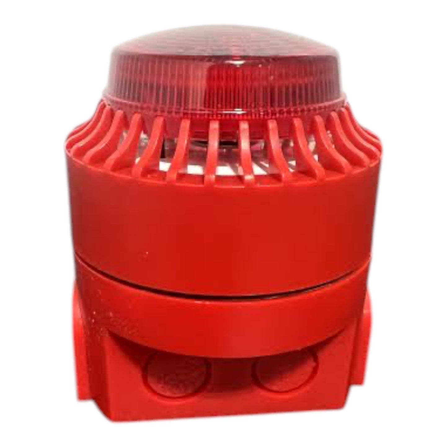 A red emergency alarm beacon with a ribbed translucent dome top, protective cage, and mounting base, isolated on a white background.