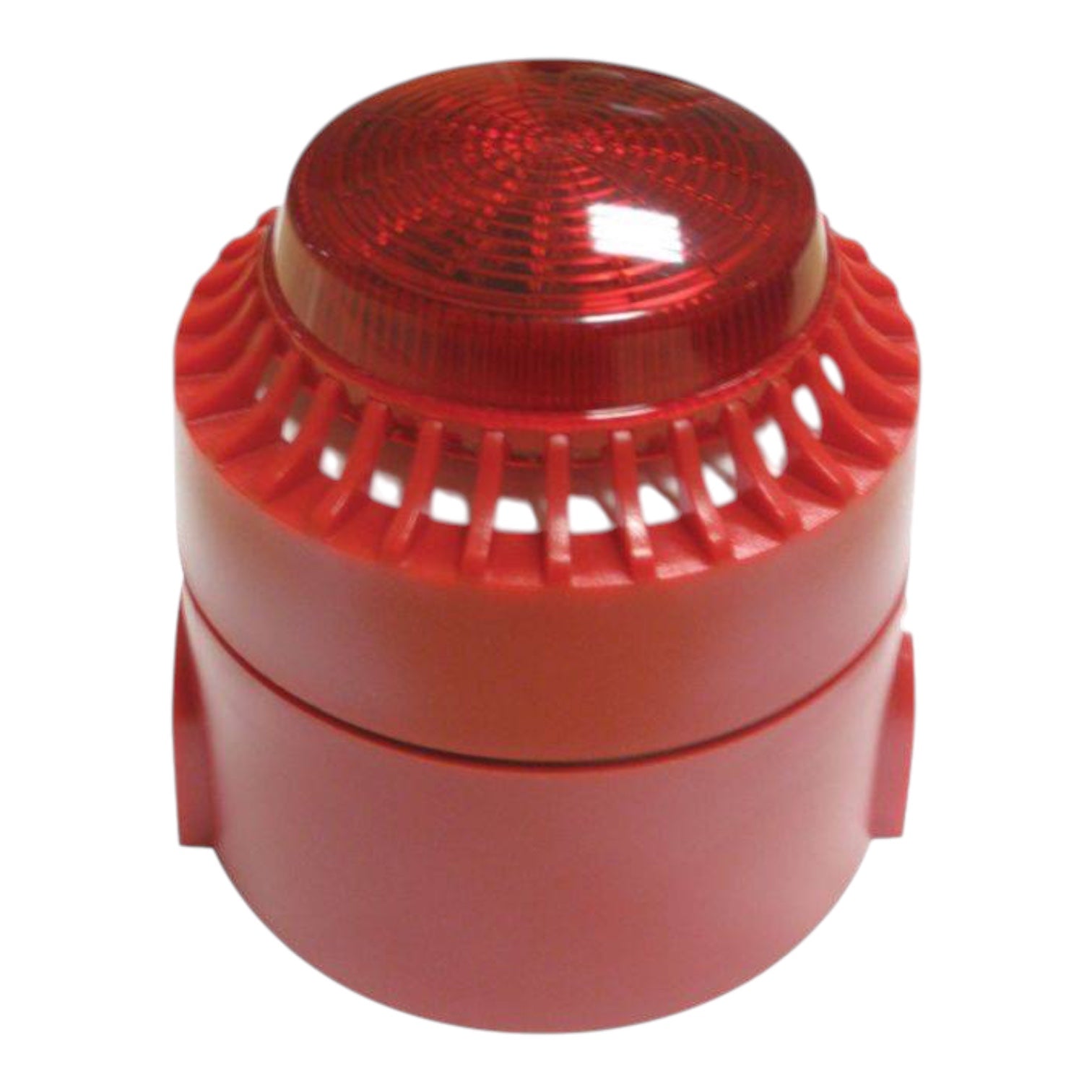 A red plastic alarm beacon light with a ribbed translucent dome on top, isolated on a white background.