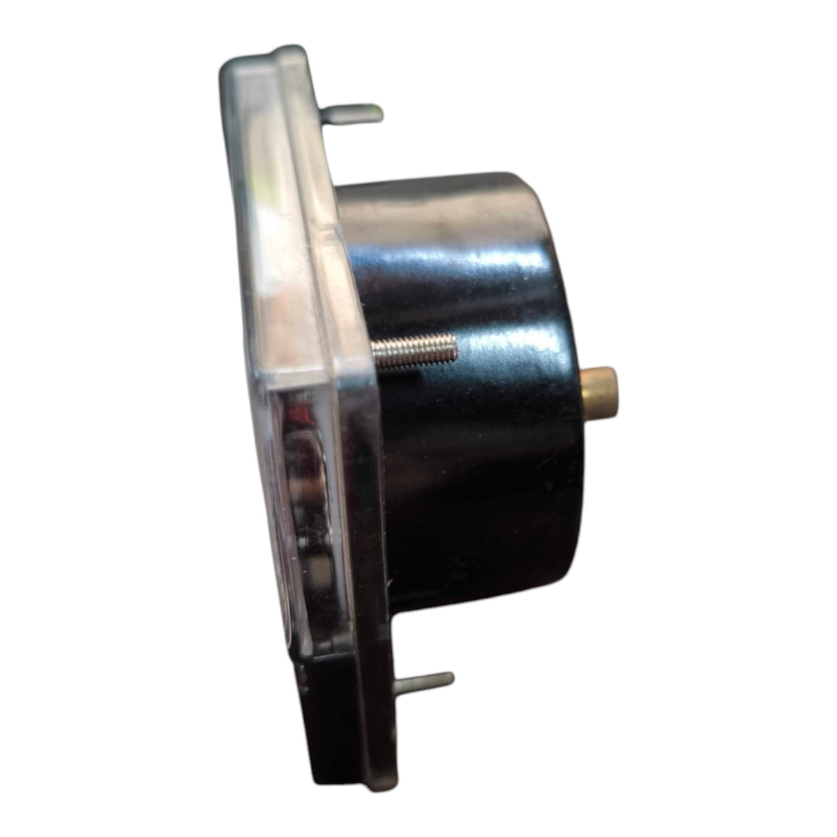 A small cylindrical automotive or electrical component with a black body, a clear plastic cover on one side, and metal terminals, shown on a plain white background.