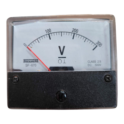 A Hossaini SF-670 analog DC voltmeter with a black case, clear protective cover, and white dial face showing 0 to 300 volts.