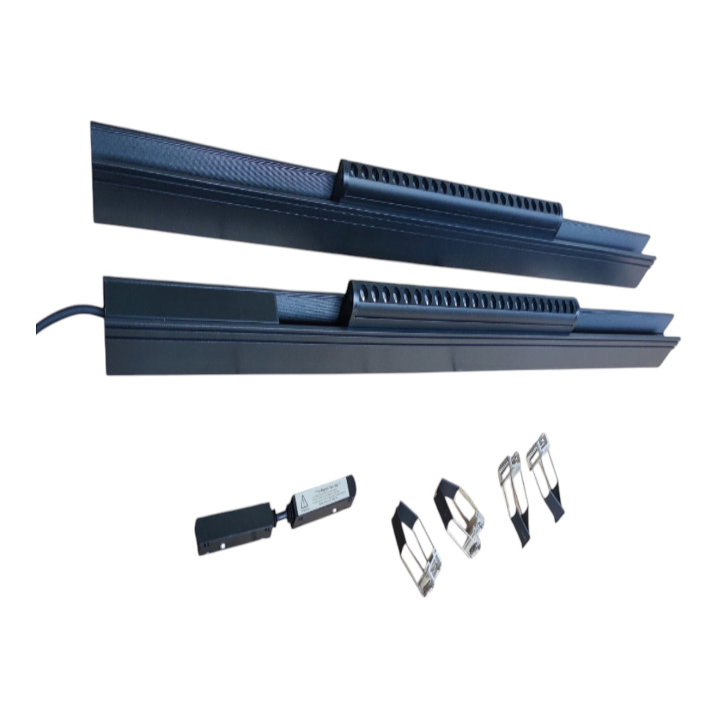 Two long black linear guide rails with integrated heating elements, shown with four small metal mounting clips and a small control module on a plain white background.