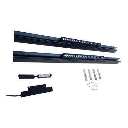 Black metal track roller guide rails with mounting hardware, including brackets, screws, and a small control or sensor component, shown on a plain white background.