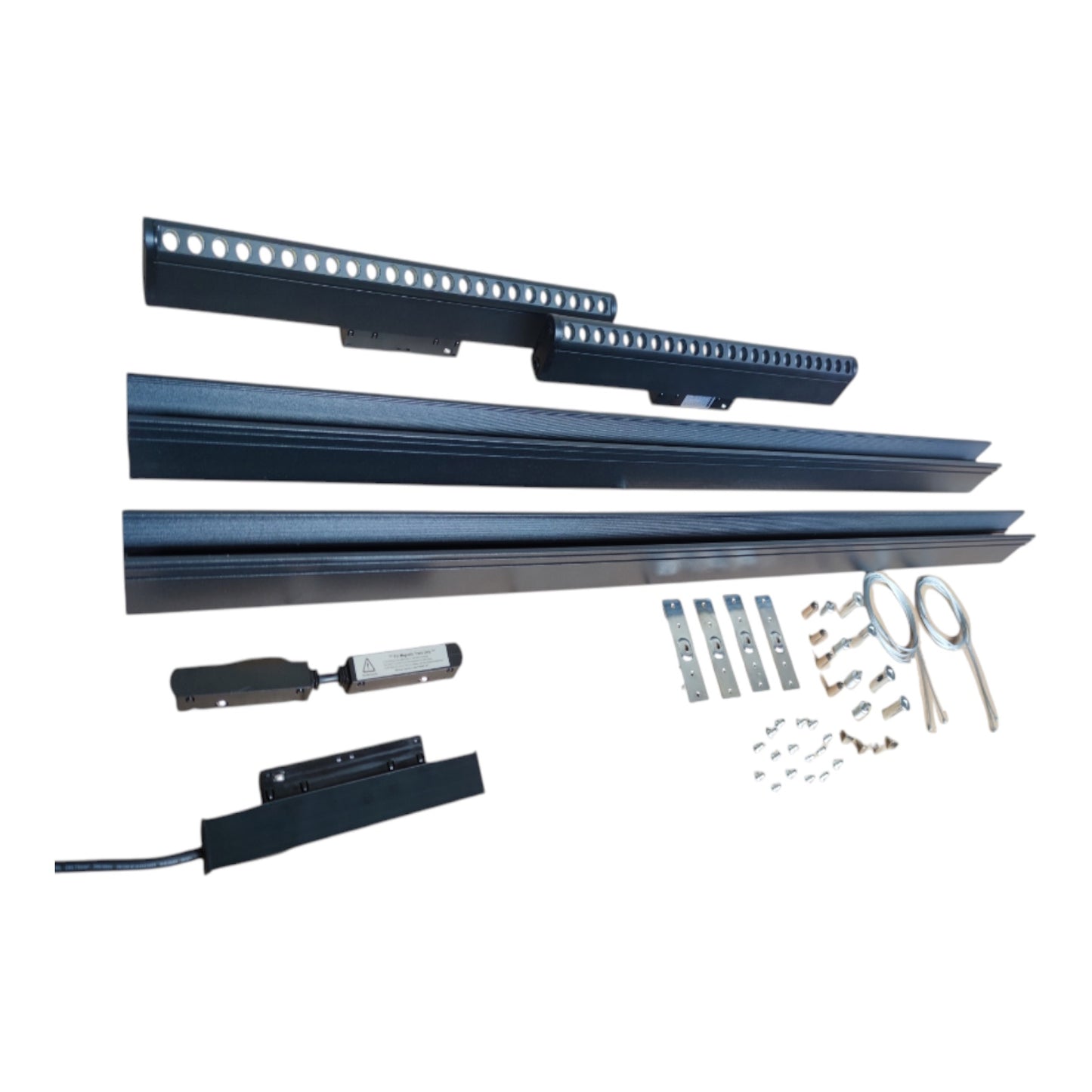 A set of black metal track or channel components with mounting hardware, shown laid out on a plain white background. The set includes several long black rails/channels, two long black perforated bars, a small black rectangular component with a wire, a small cylindrical part, several silver metal clips, brackets, and screws.