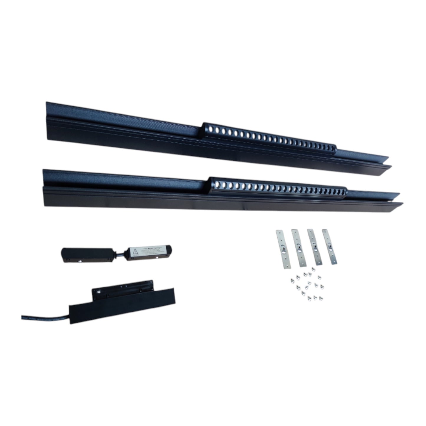 Black metal track roller guide rails with mounting hardware, including brackets, screws, and a small control or sensor component, shown on a plain white background.