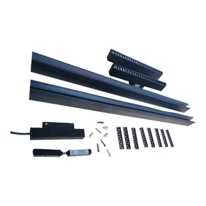 A set of black metal track or rail components with mounting hardware, shown laid out on a plain white background.