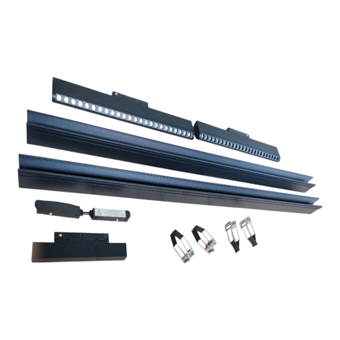 A set of black metal track or channel components with an integrated row of white LED lights on one piece, shown with several mounting brackets and small hardware pieces on a plain white background.