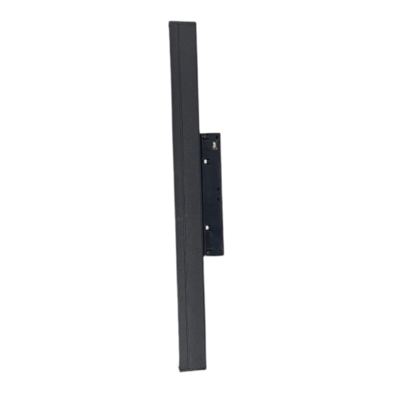A black wall-mounted TV bracket with a long vertical plate and a mounting plate attached, shown against a plain white background.