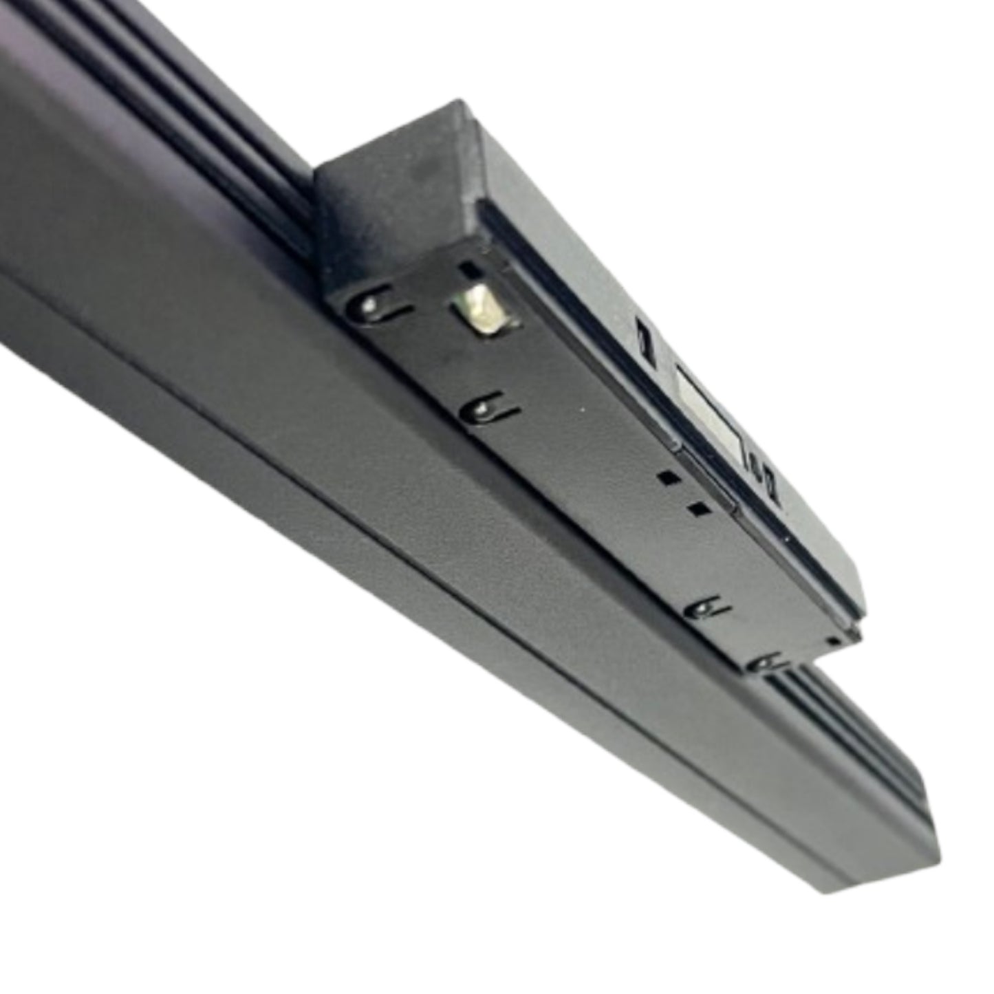 Close-up of a black linear rail or track assembly with a mounting bracket, shown against a plain white background.
