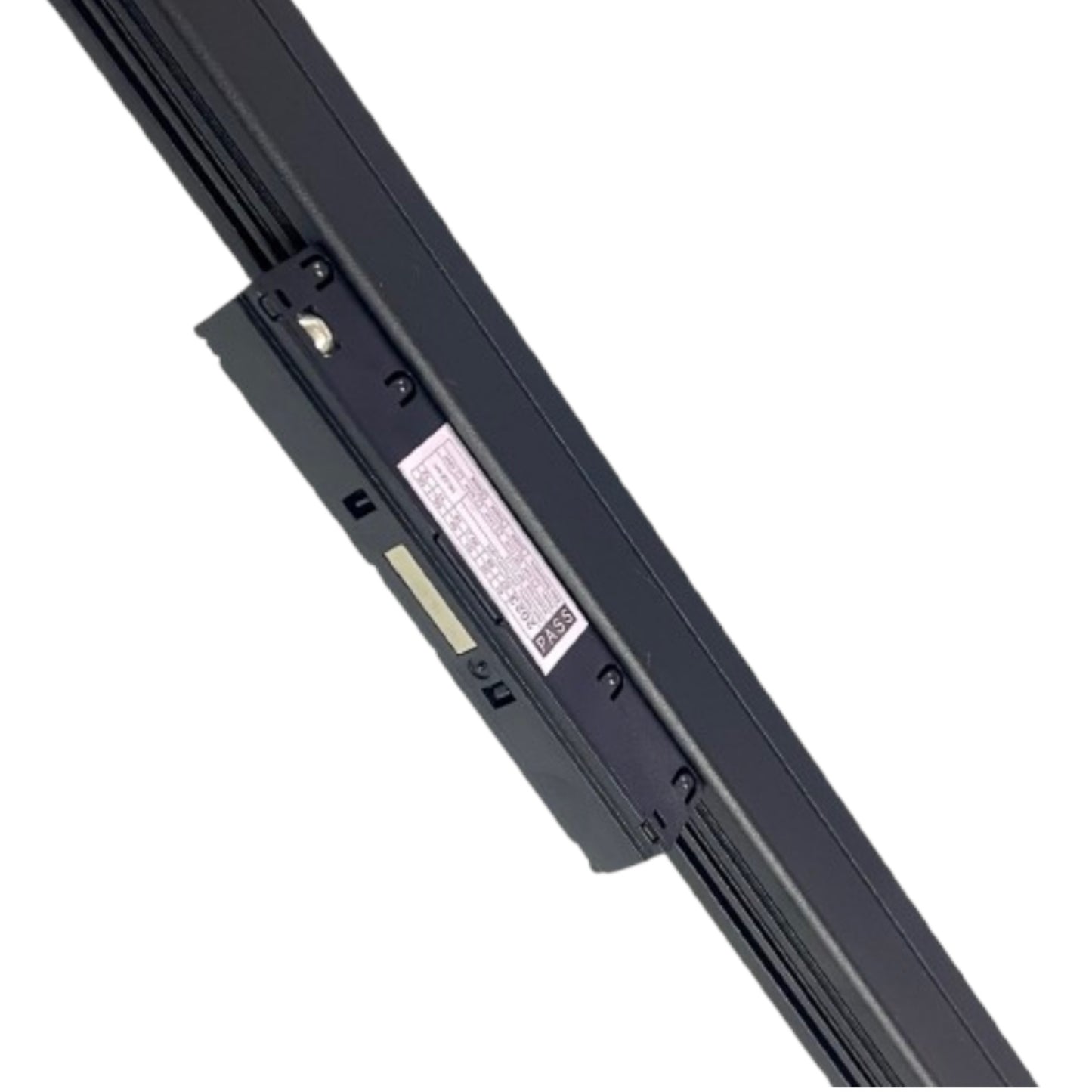 Close-up of a black metal track or rail component with a mounting bracket and a small product label, shown on a plain white background.