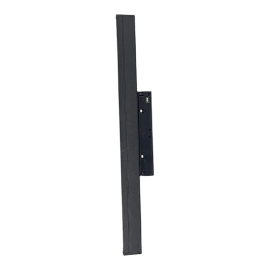 A black metal wall mount bracket with a long vertical arm and a mounting plate, shown against a plain white background.